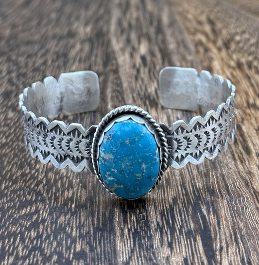 Navajo Handmade Sterling Silver Blue Bird Turquoise Stacker Cuff Bracelet