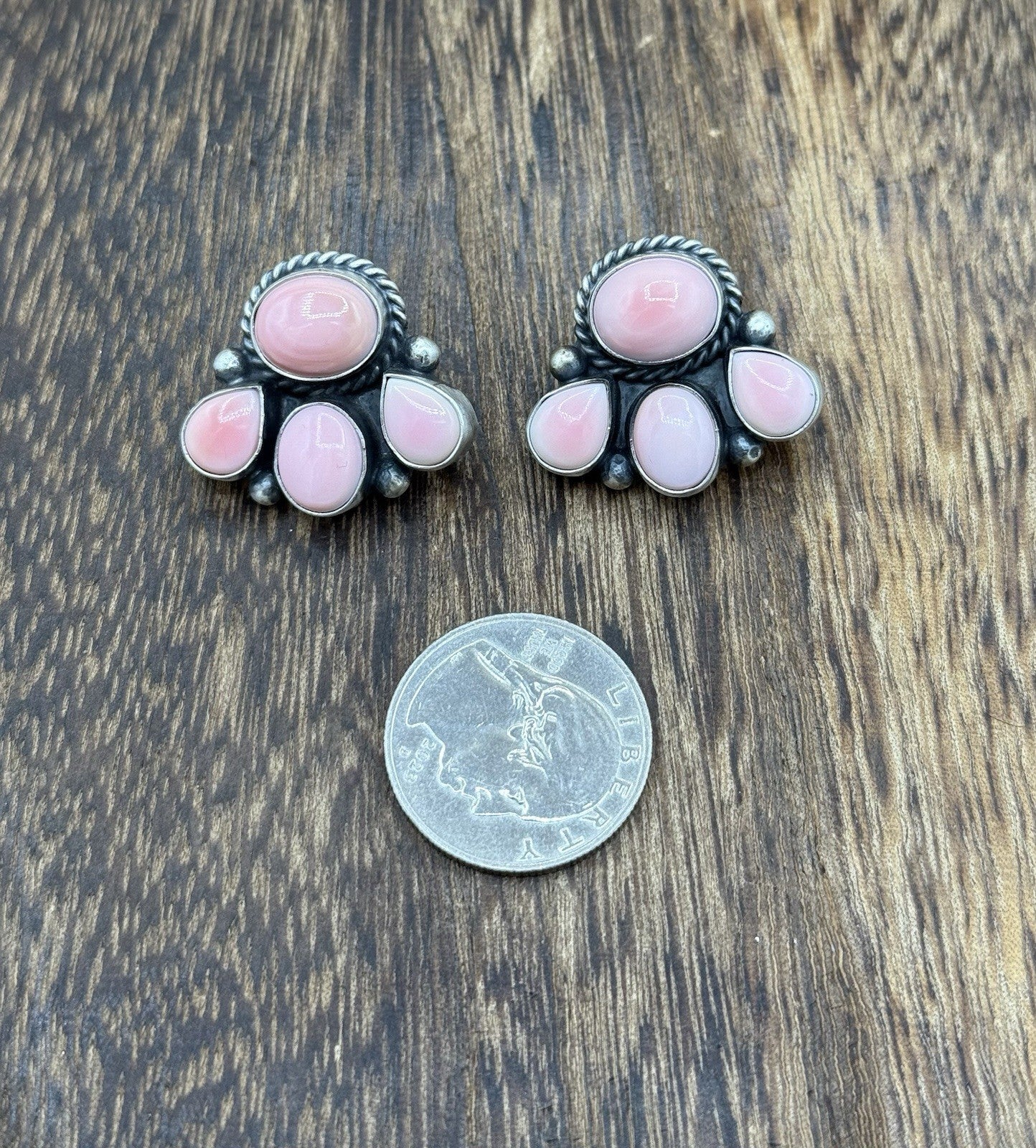 Native Navajo Handmade Sterling Silver Pink Conch Shell Cluster Earrings