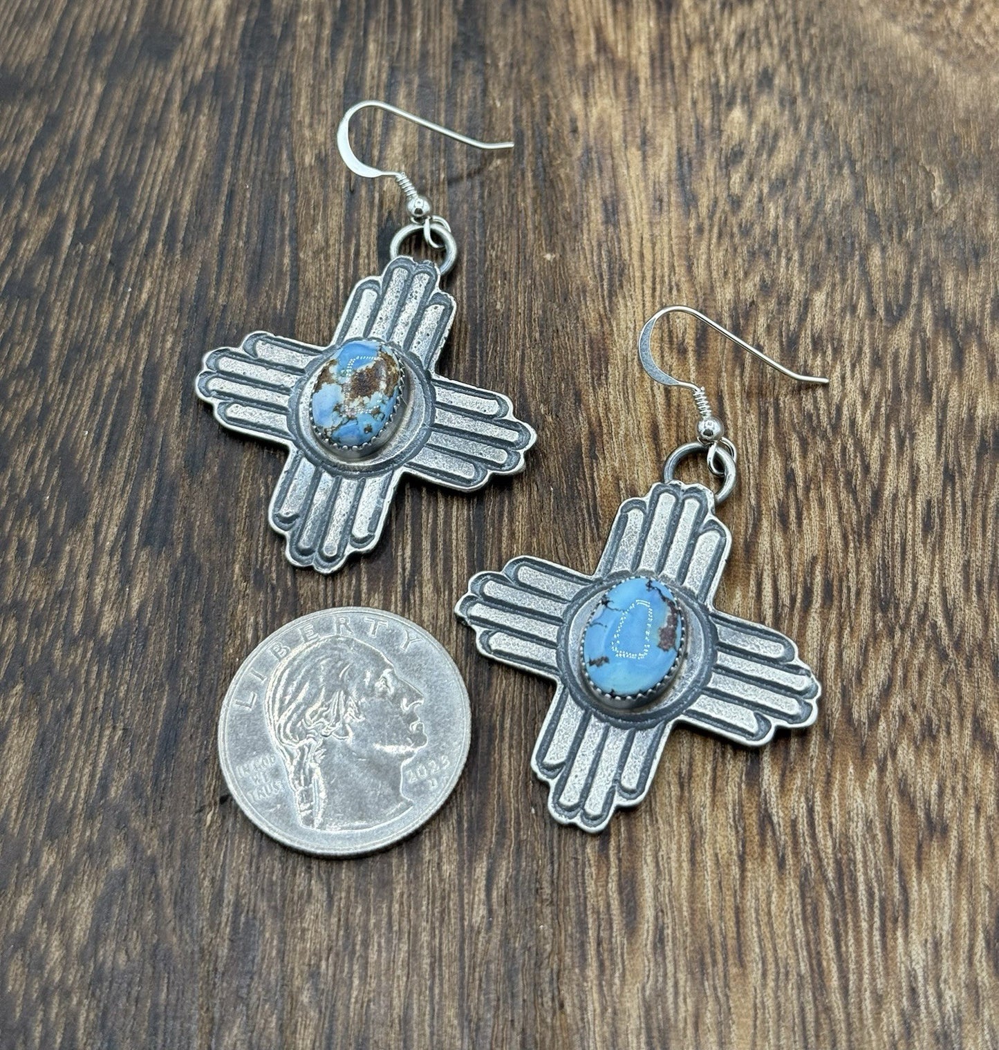 Navajo Handmade Sterling Silver Zia Golden Hills Turquoise Earrings Kevin Billah