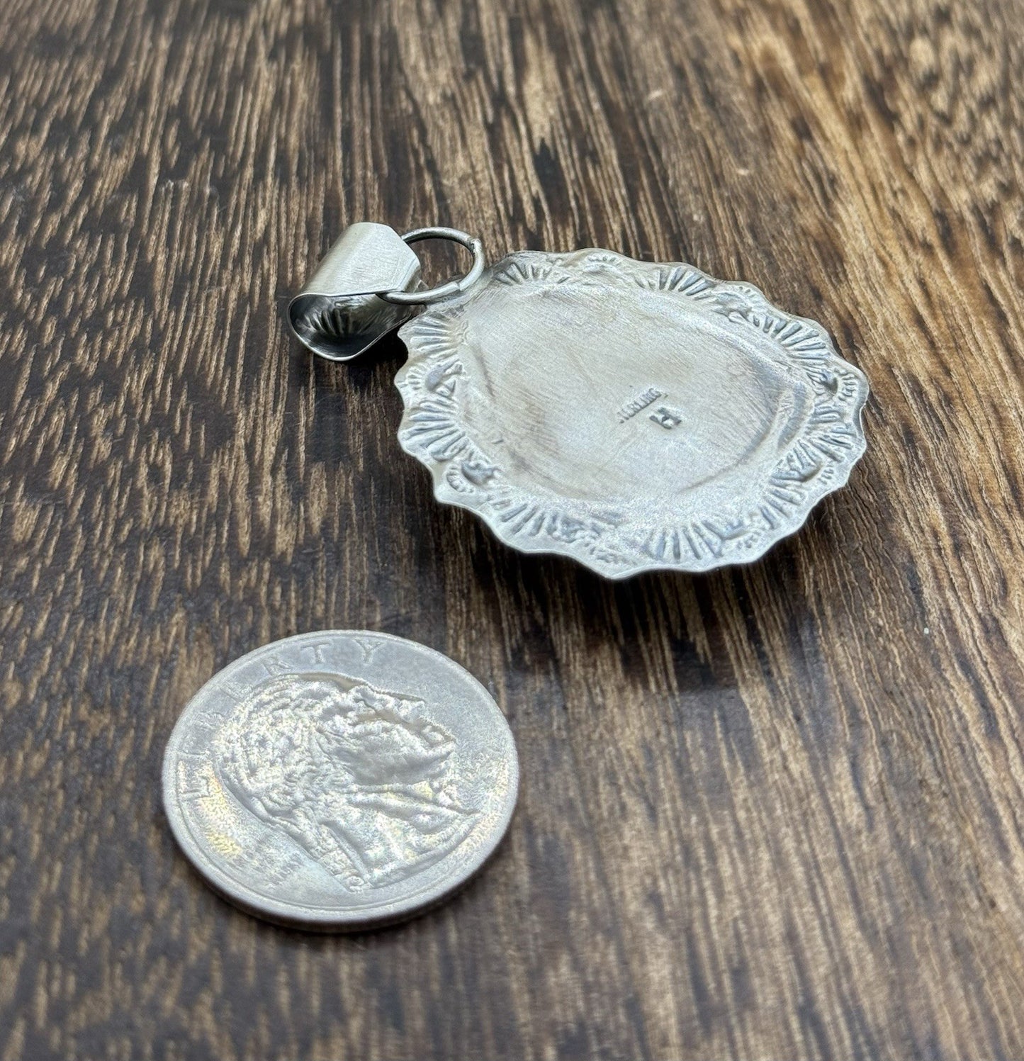 Native Navajo Handmade Sterling Silver Blue Bird Turquoise Stamped Drop Pendant