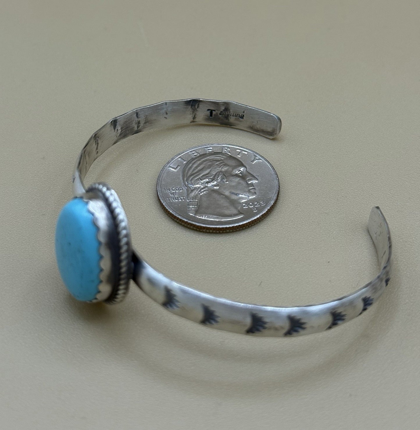 Native Navajo Handmade Sterling Silver Kingman Turquoise Stacker Cuff Bracelet