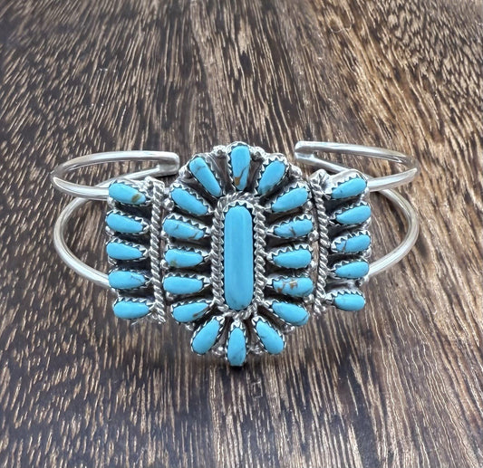 Navajo Handmade Sterling Silver Turquoise Traditional Cluster Cuff Bracelet