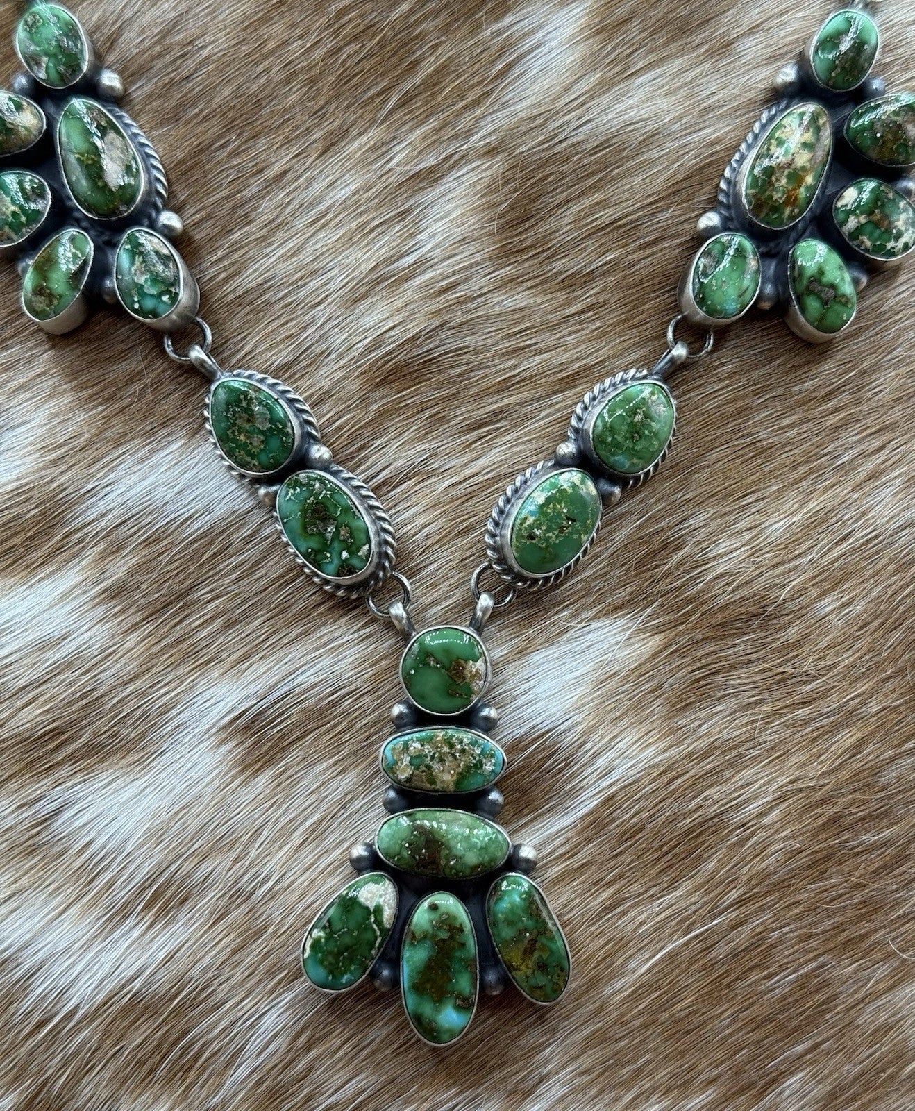 Navajo Handmade Sterling Silver Sonoran Gold Turquoise Cluster Necklace Set 20”