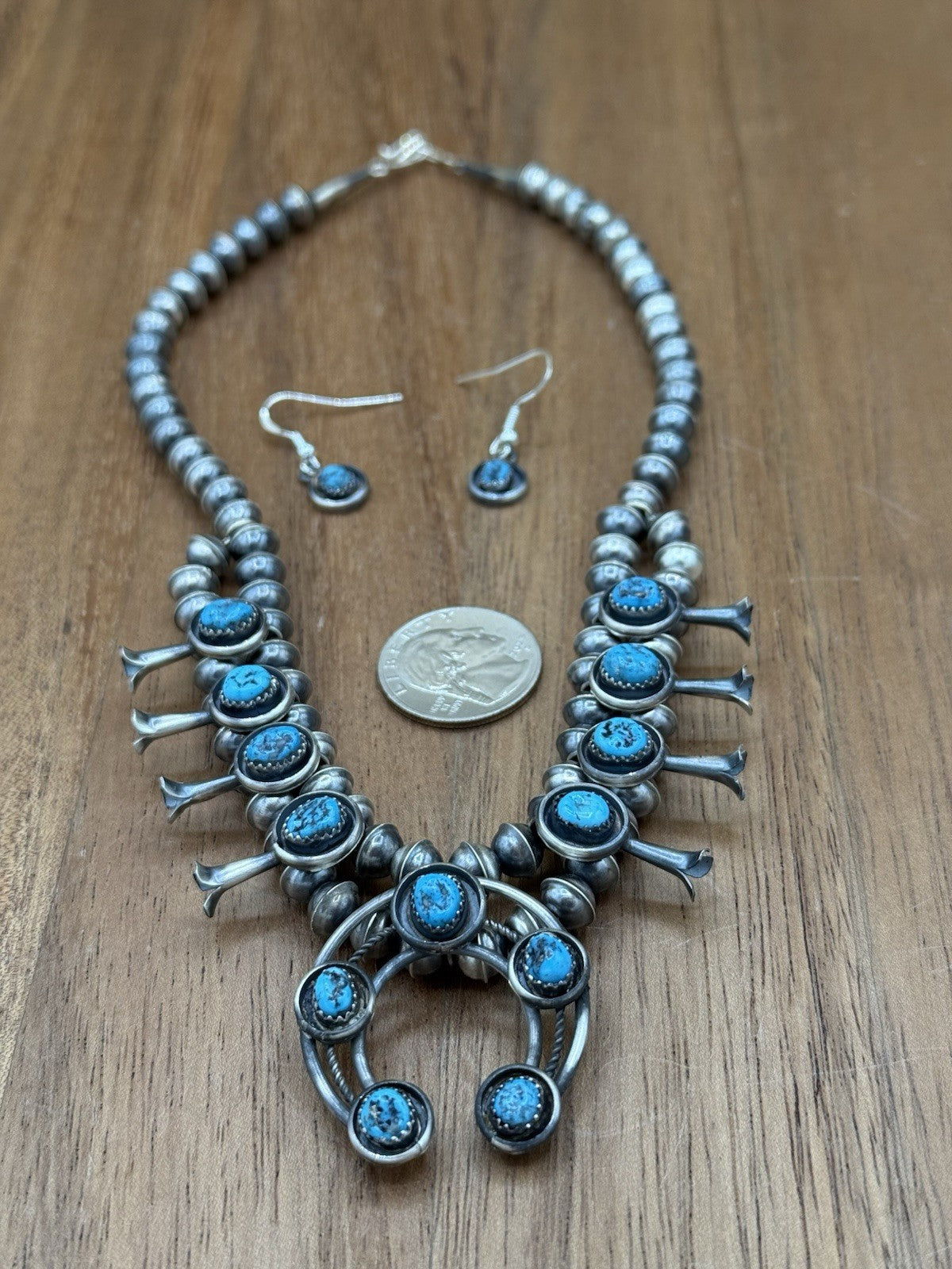 Navajo Handmade Sterling Silver Turquoise Shadowbox Squash Blossom Necklace 17”