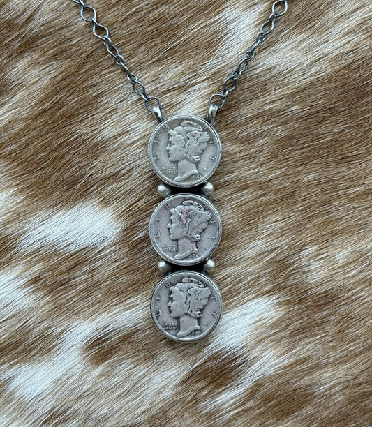 Navajo Handmade Sterling Silver Liberty Dime Cluster Bar Lariat Necklace 18”