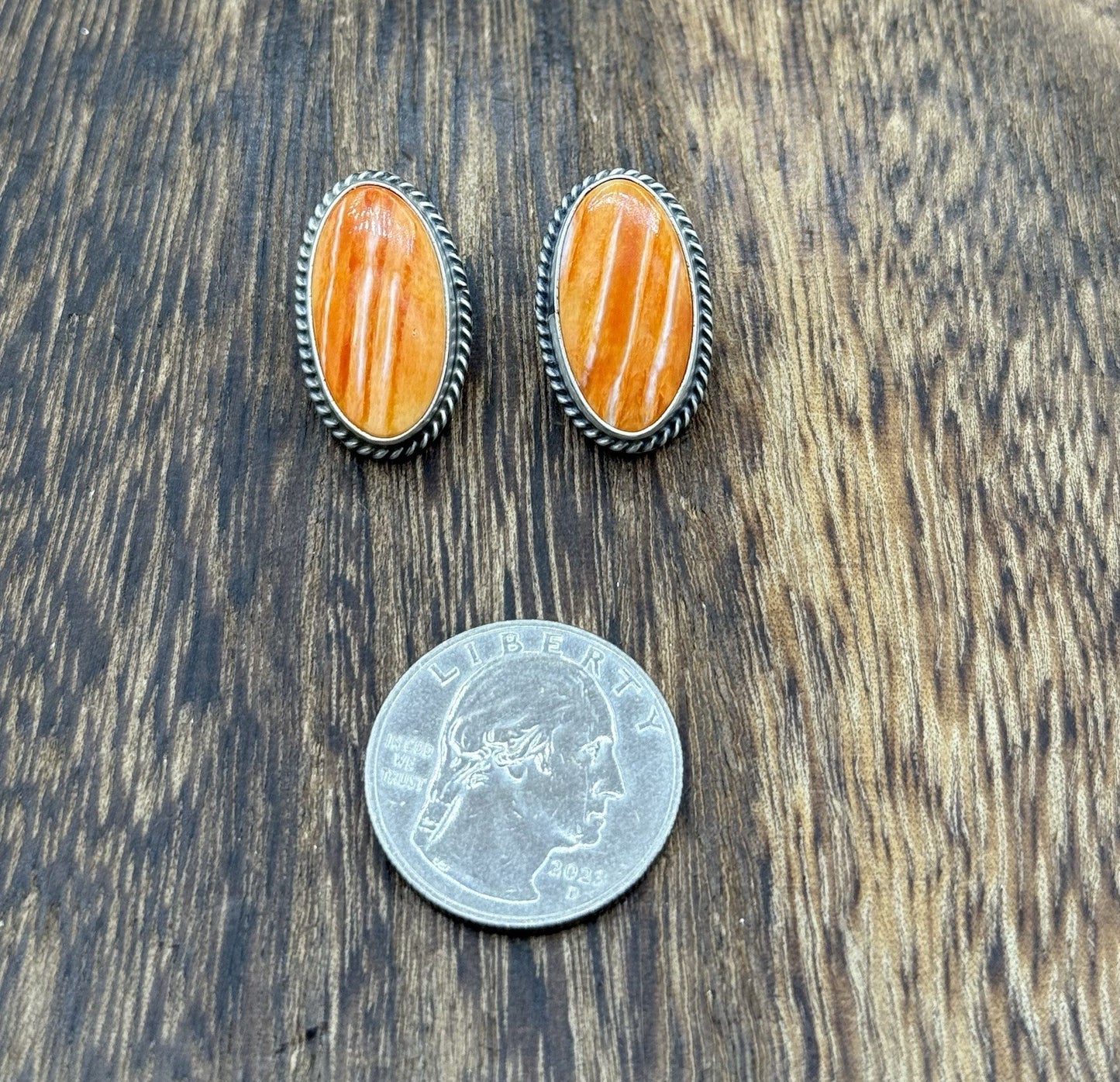 Navajo Handmade Sterling Silver Orange Spiny Oyster Shell Post Stud Earrings