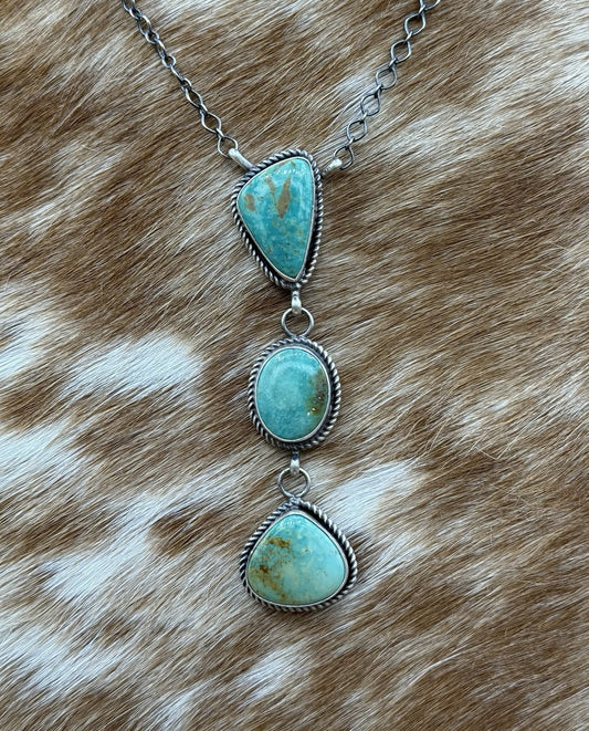Native Navajo Handmade Sterling Silver Kingman Turquoise Lariat Necklace 18”