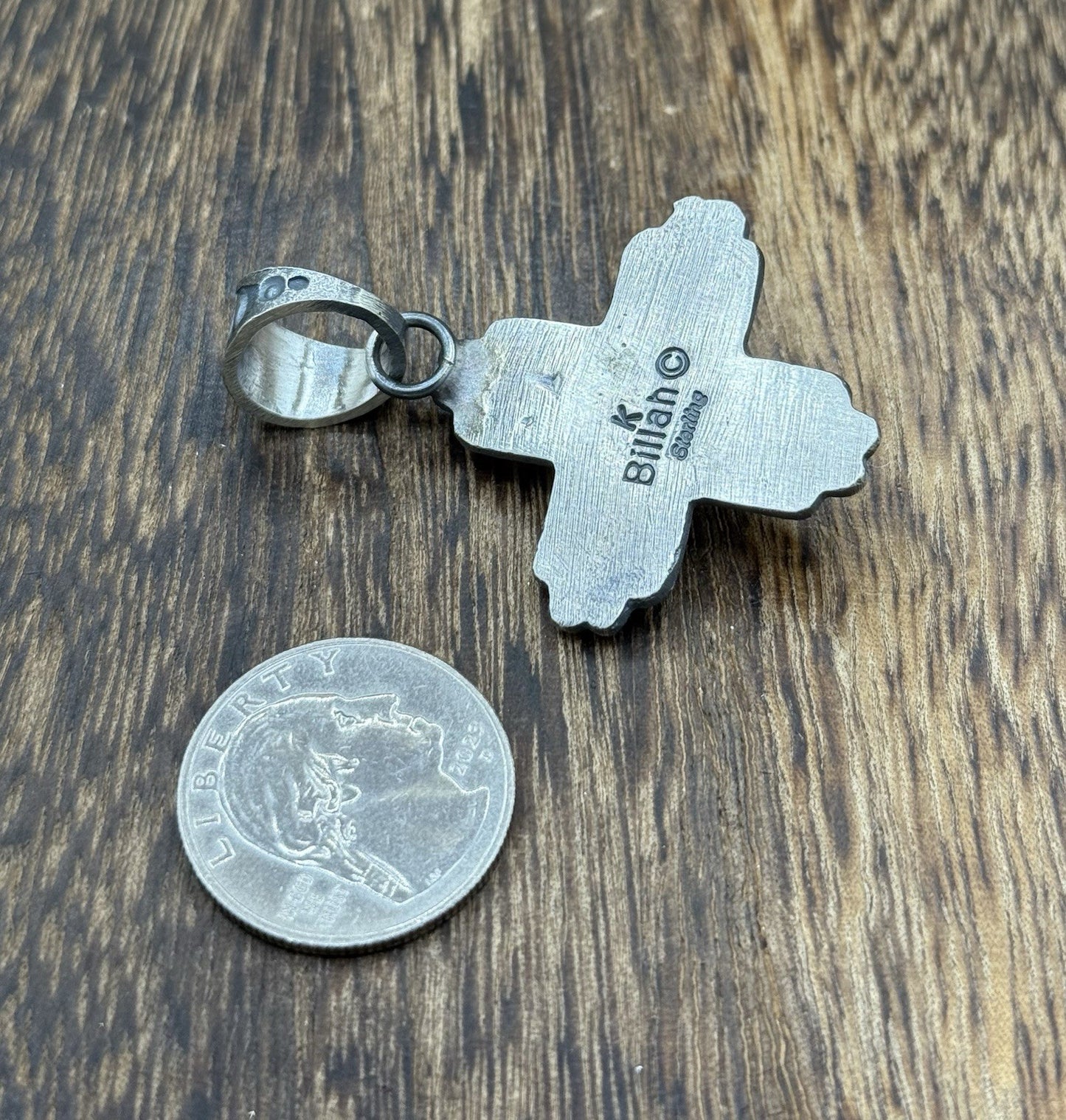 Navajo Handmade Sterling Silver Old Look Golden Hills Turquoise Zia Pendant