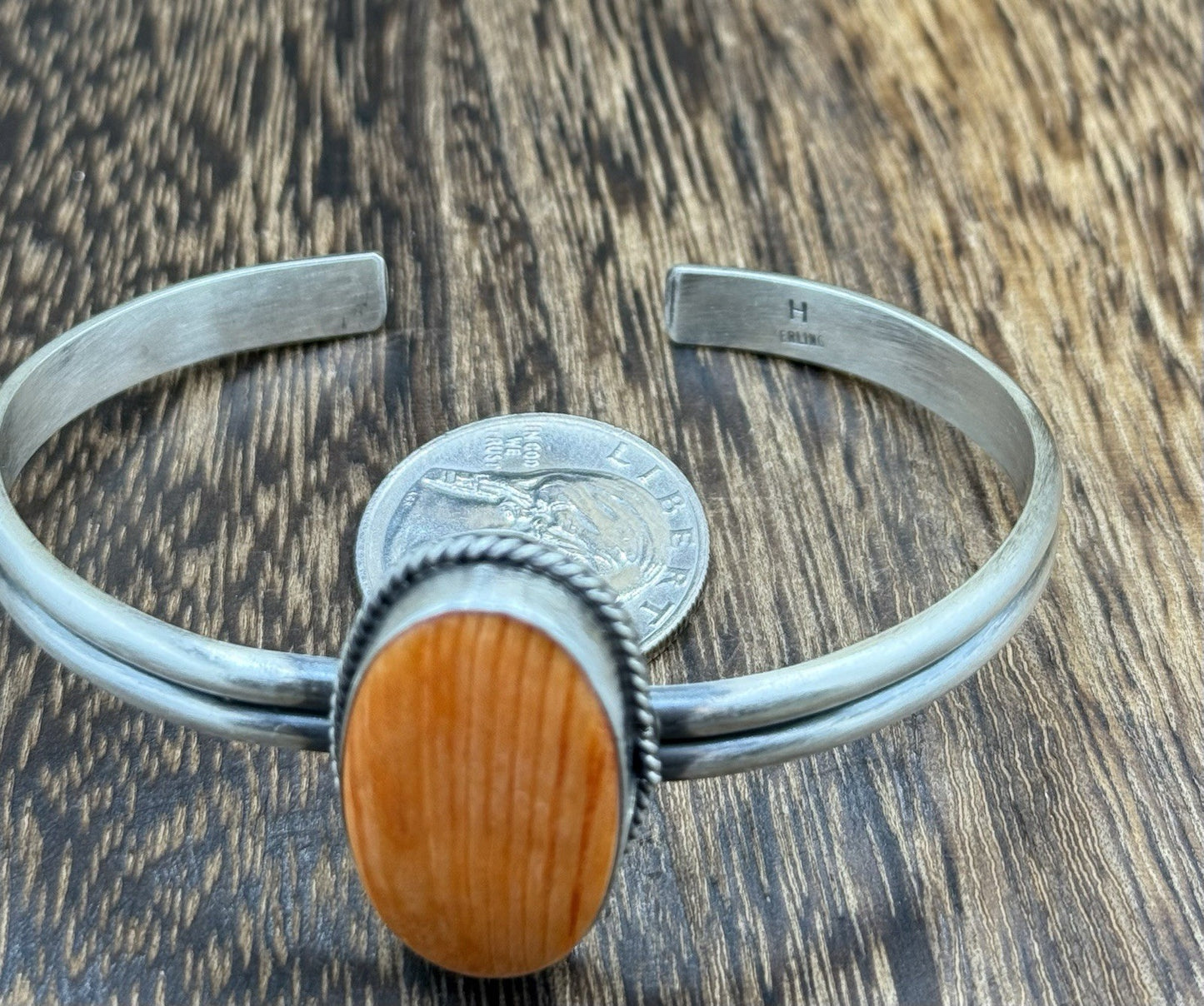 Navajo Handmade Sterling Silver Orange Spiny Oyster Stacker Cuff Bracelet