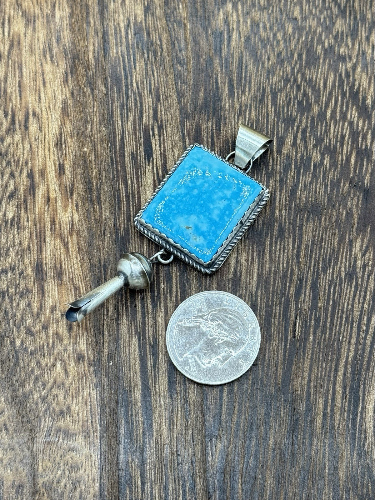 Native Navajo Handmade Sterling Silver Kingman Turquoise Dangle Blossom Pendant