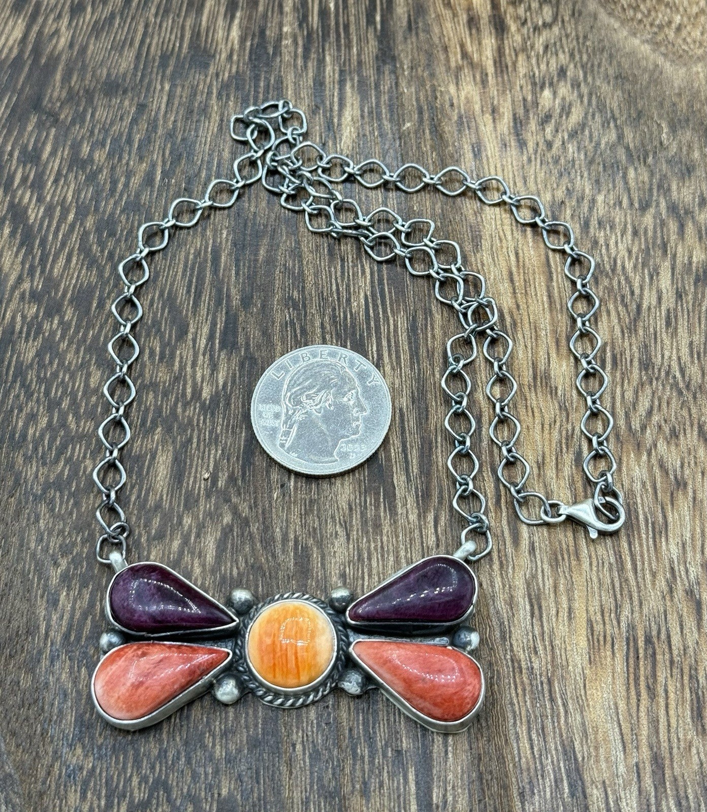 Navajo Handmade Sterling Silver Multi Stone Color Cluster Bar Necklace 18”