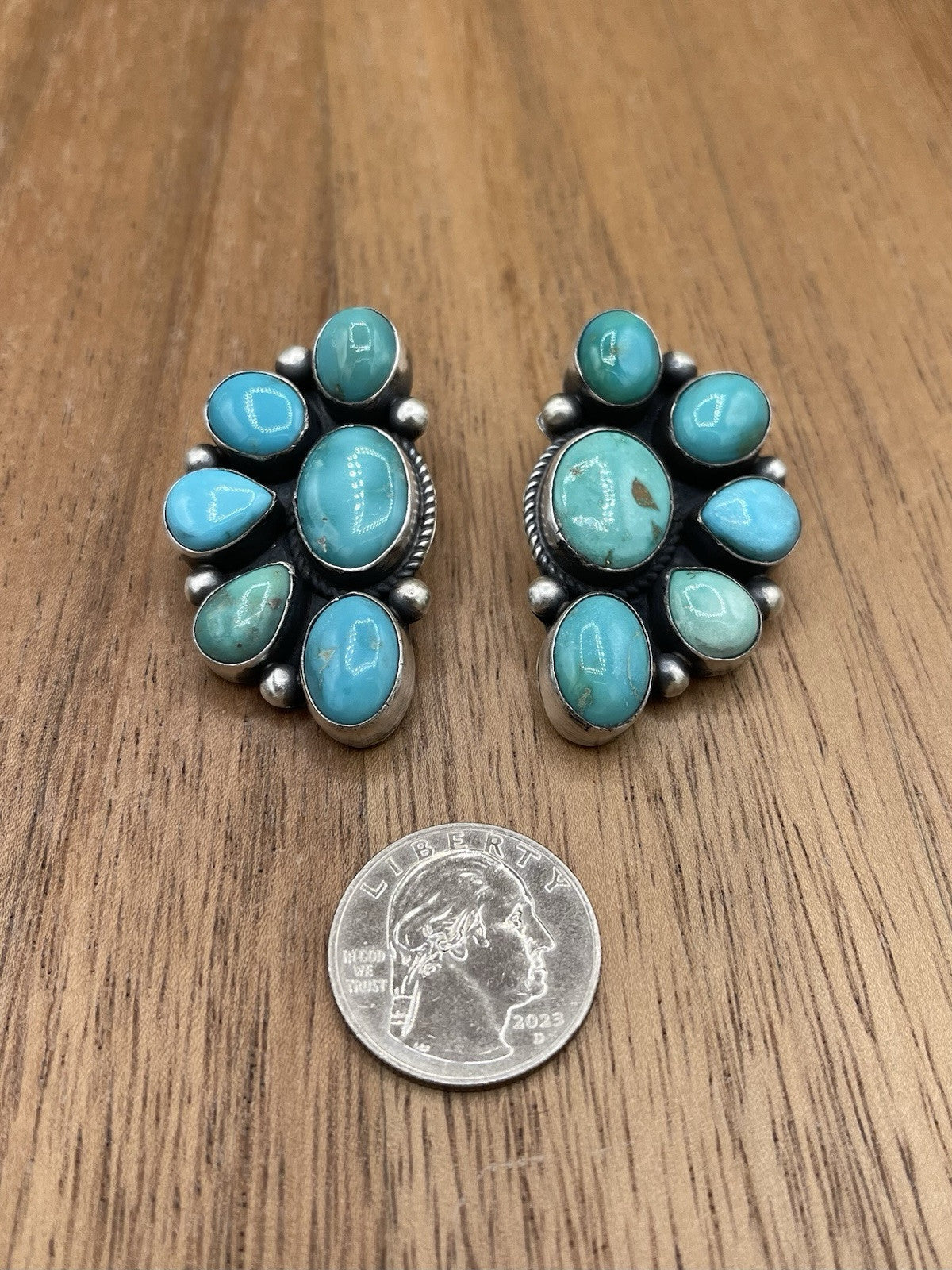 Navajo Handmade Sterling Silver Kingman Turquoise Half Cluster Earrings Tricia S