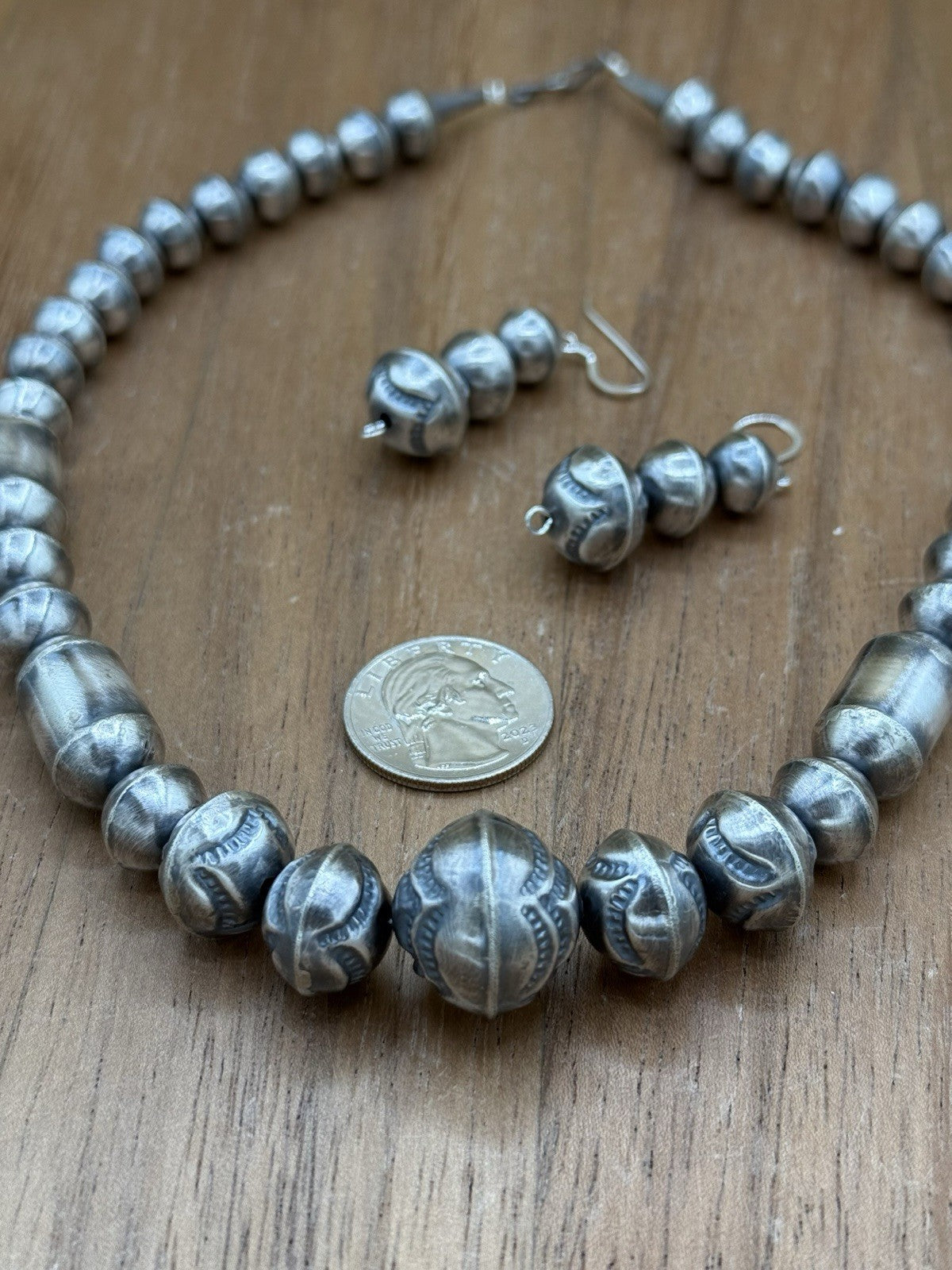 Authentic Navajo Handmade Old Look Navajo Pearl Bead Necklace And Earrings 18”