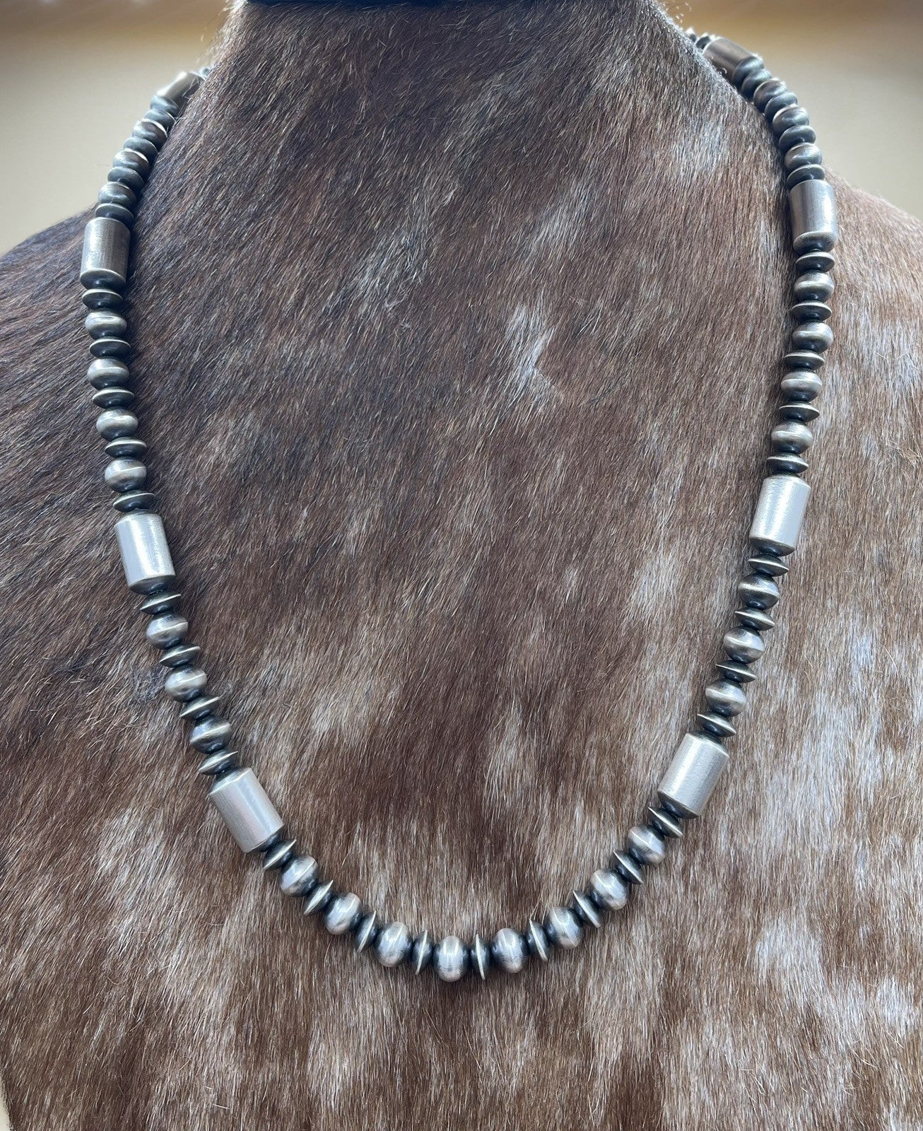 Authentic Native American Navajo Handmade Silver Pearl Beads Necklace 26” Signed