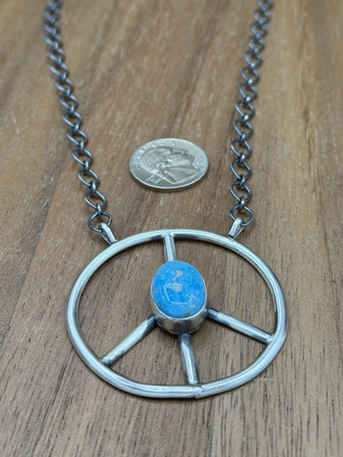 Native American Navajo handmade Sterling Silver Turquoise Peace Hippie Necklace