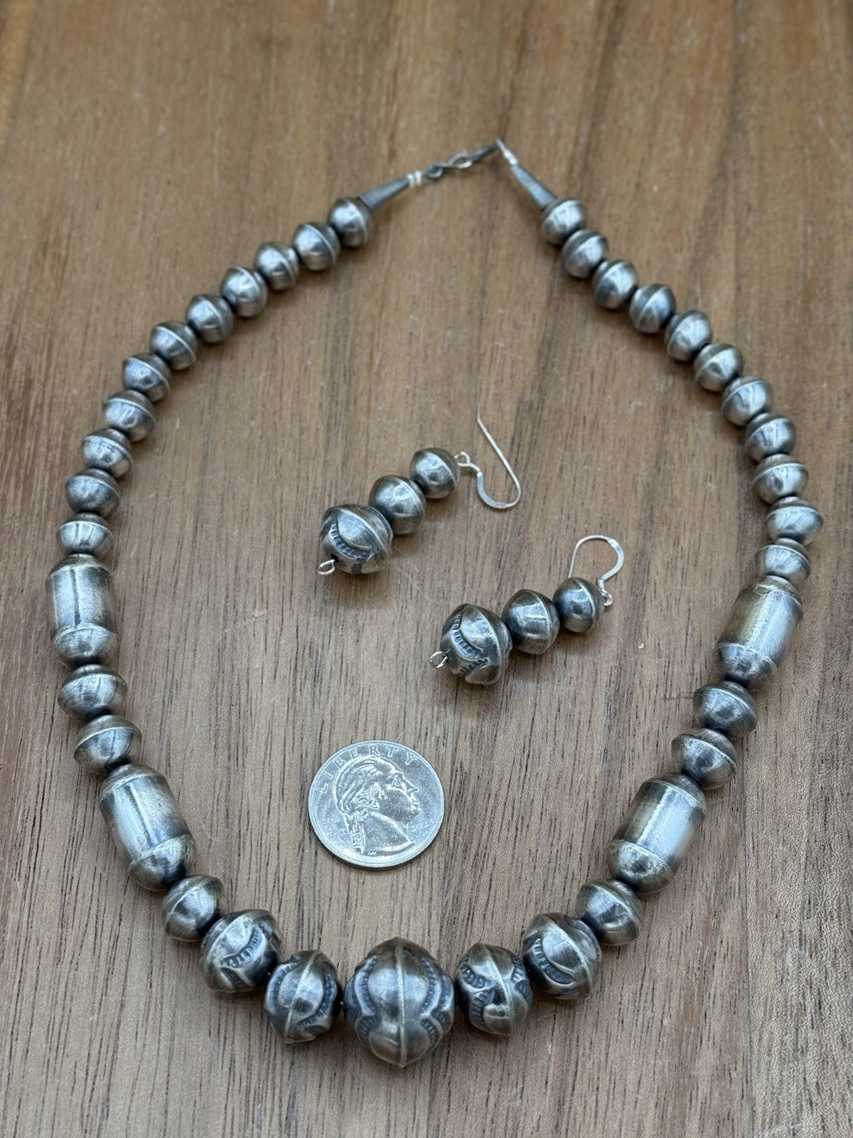 Authentic Navajo Handmade Old Look Navajo Pearl Bead Necklace And Earrings 18”