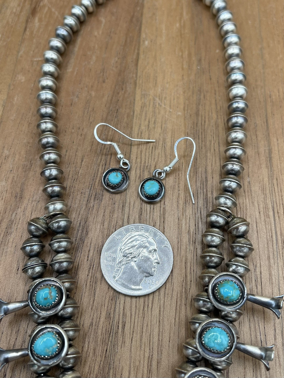 Navajo Handmade Sterling Silver Turquoise Shadowbox Squash Blossom Necklace 17”