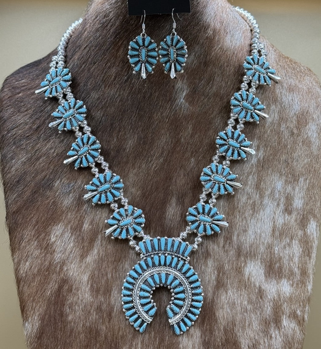 Navajo Handmade Sterling Silver Turquoise Squash Blossom Necklace 22” Mathilda B