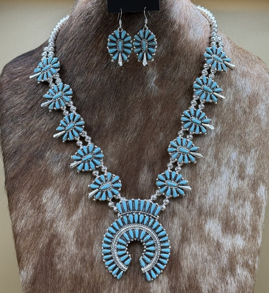 Navajo Handmade Sterling Silver Turquoise Squash Blossom Necklace 22” Mathilda B