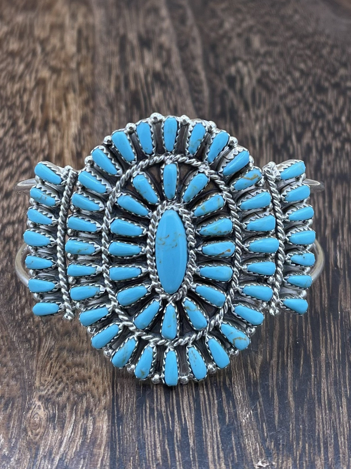 Native American Navajo Handmade Sterling Silver Turquoise Cluster Cuff Bracelet