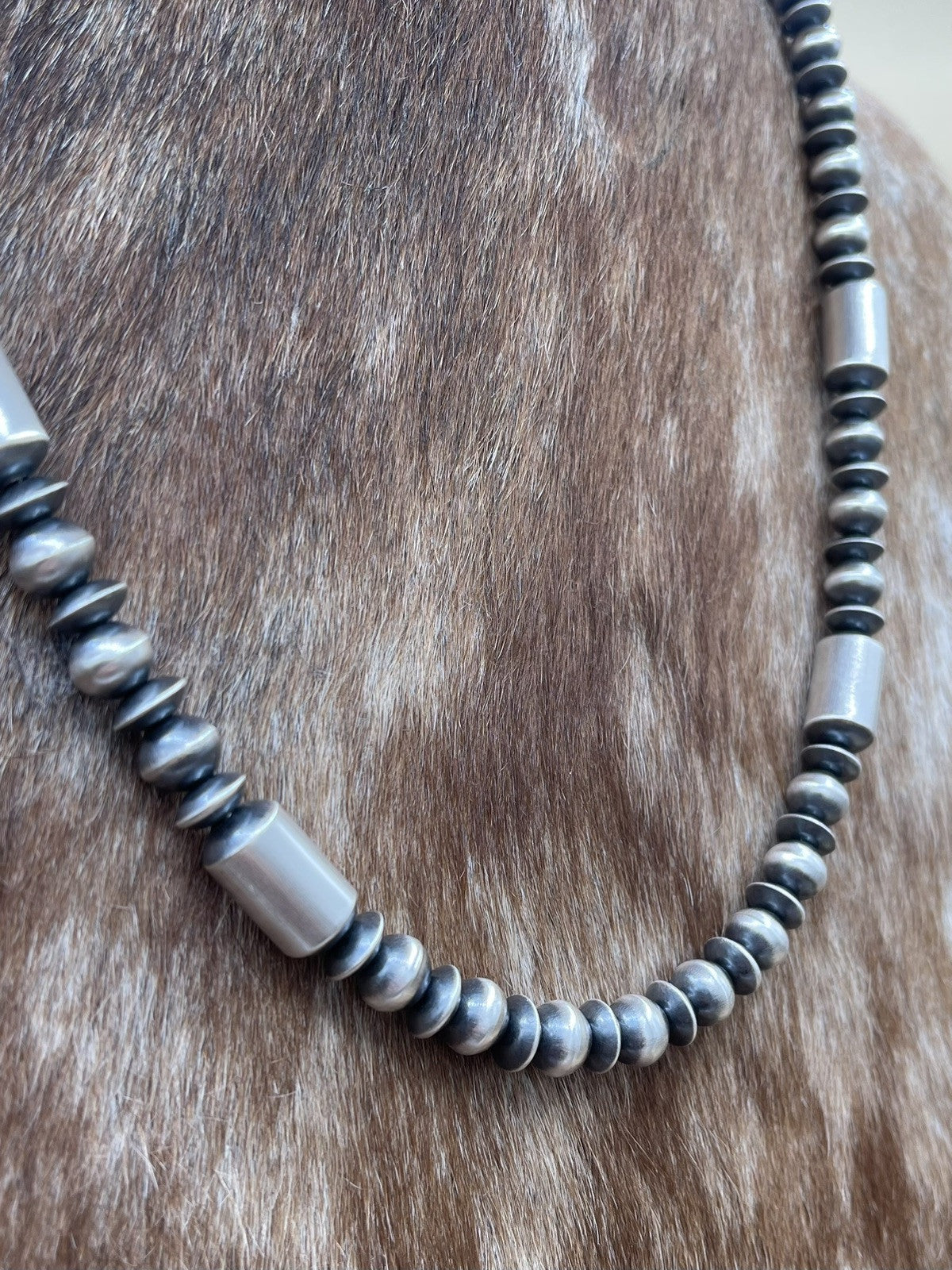 Authentic Native American Navajo Handmade Silver Pearl Beads Necklace 26” Signed