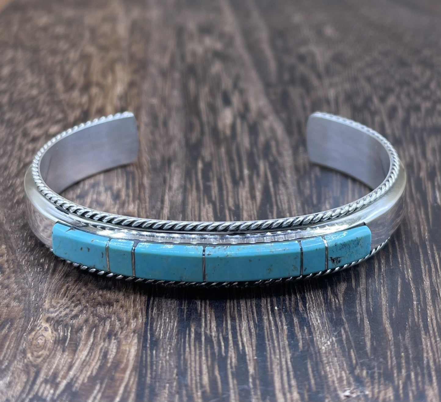 Navajo Handmade Sterling Silver Kingman Turquoise Inlay Bracelet Francis Yazzie