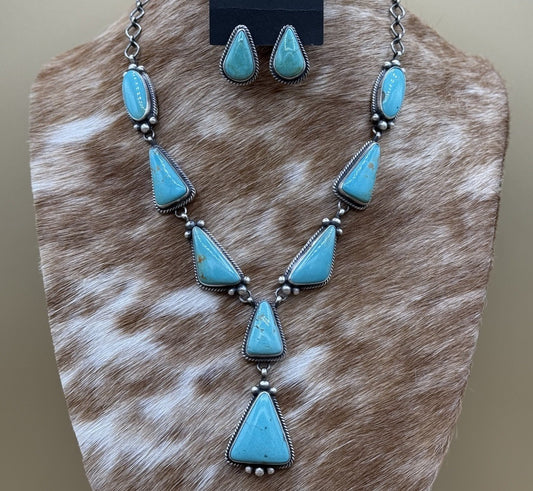 Navajo Handmade Sterling Silver Blue Glacier Turquoise Lariat Necklace Set 20”
