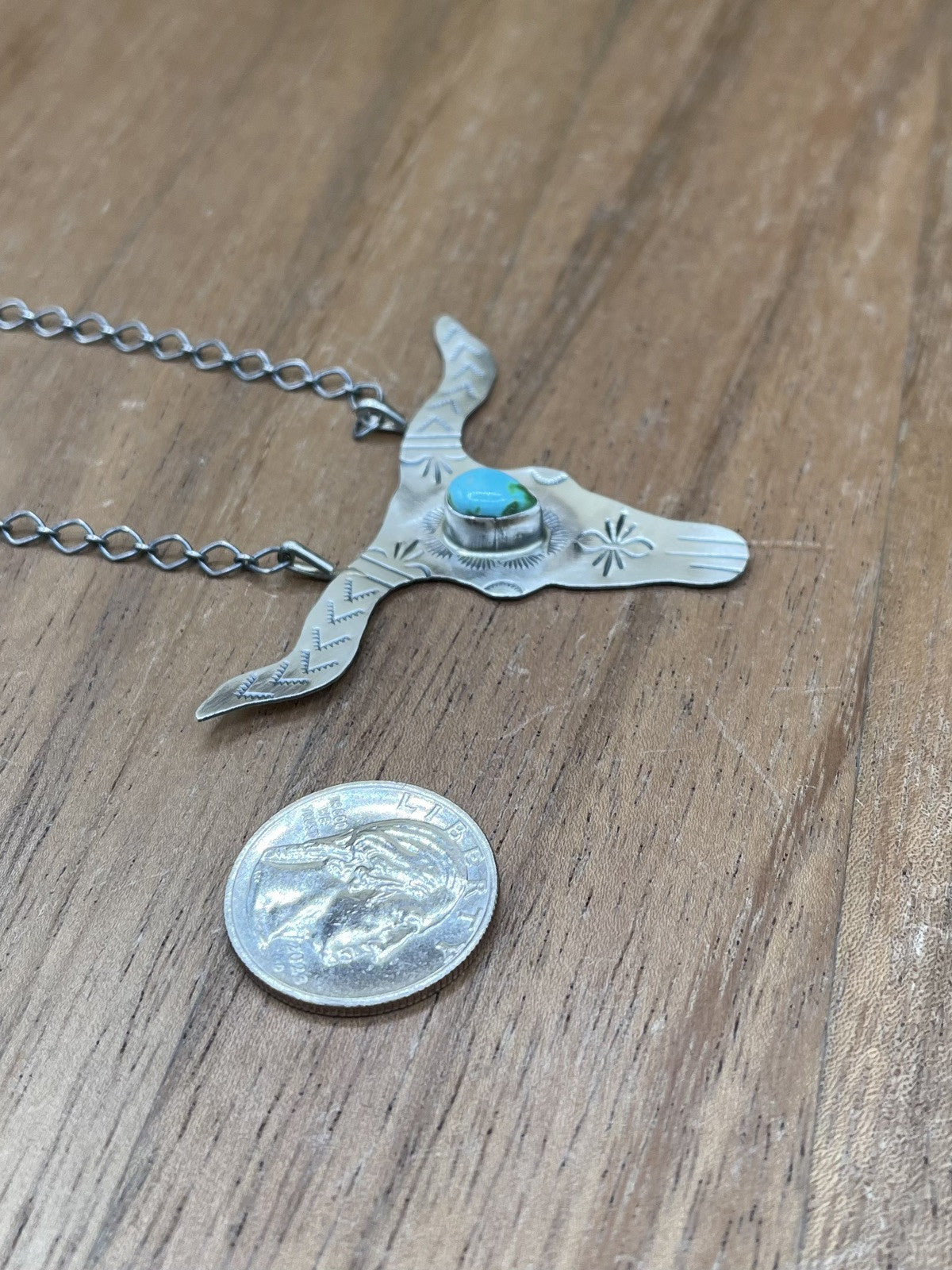 Navajo Handmade Sterling Silver Sonoran Turquoise Longhorn Necklace Betta Lee