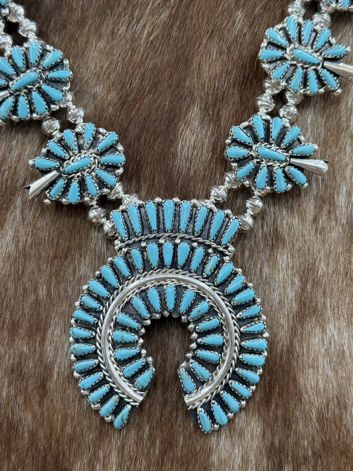Navajo Handmade Sterling Silver Turquoise Squash Blossom Necklace 22” Mathilda B