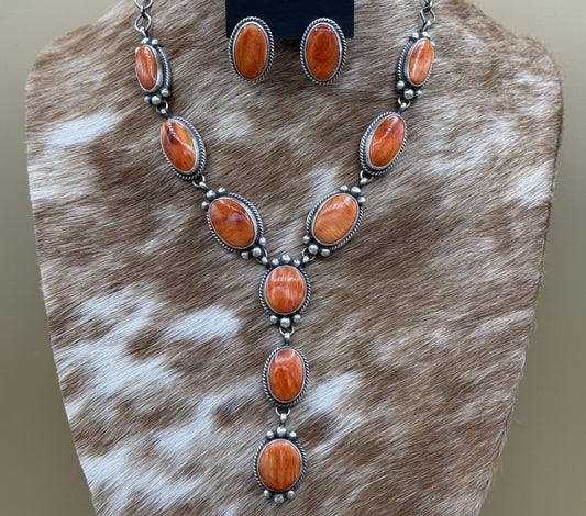 Navajo Handmade Sterling Silver Orange Spiny Oyster Lariat Necklace Set 20”