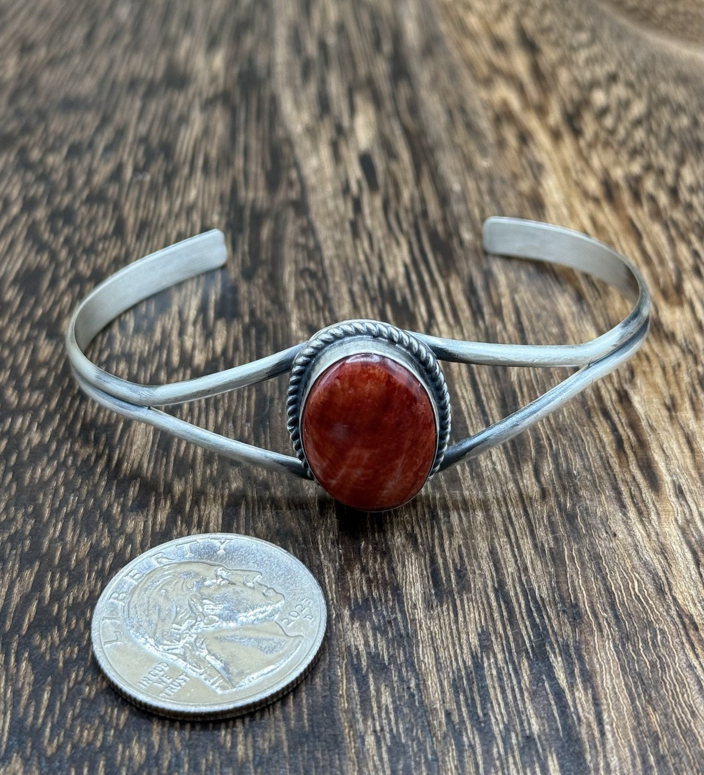 Navajo Handmade Sterling Silver Red Spiny Oyster Stacker Old Look Bracelet