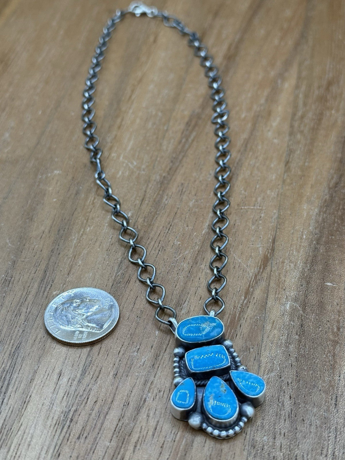 Navajo Handmade Sterling Silver Kingman Turquoise Cluster Drop Bar Necklace 18”