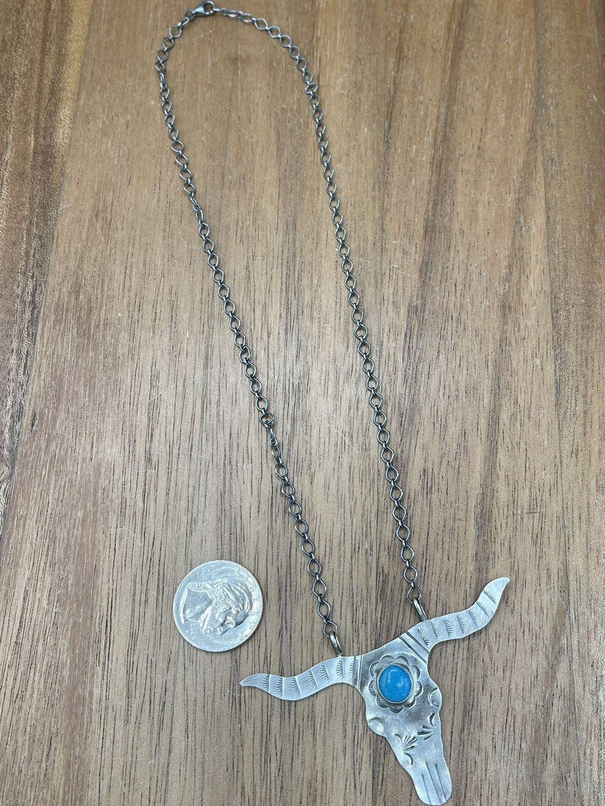 Navajo Handmade Sterling Silver Kingman Turquoise Longhorn Necklace By Betta Lee