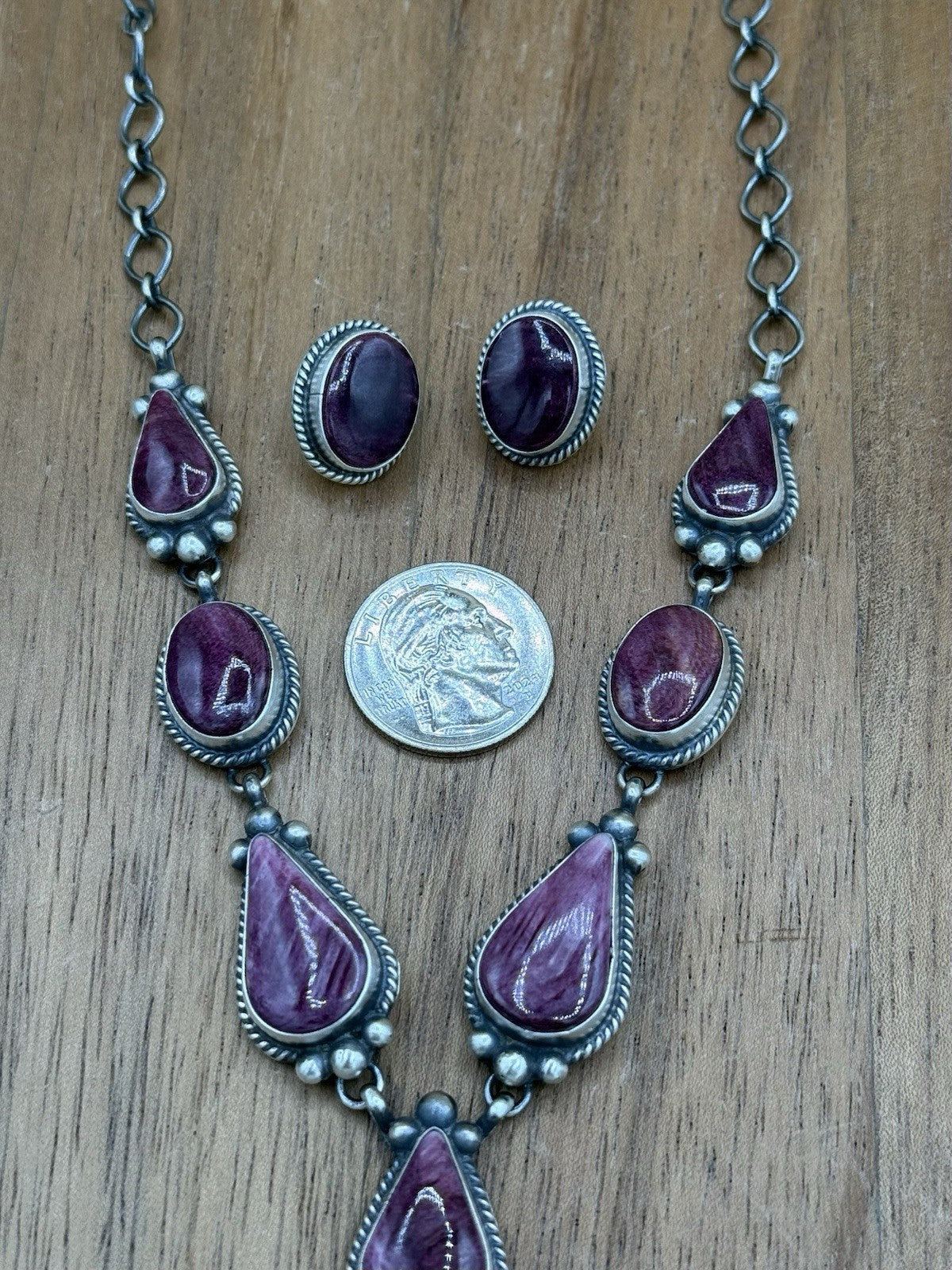 Navajo Handmade Sterling Silver Purple Spiny Oyster Lariat Necklace Set 20”