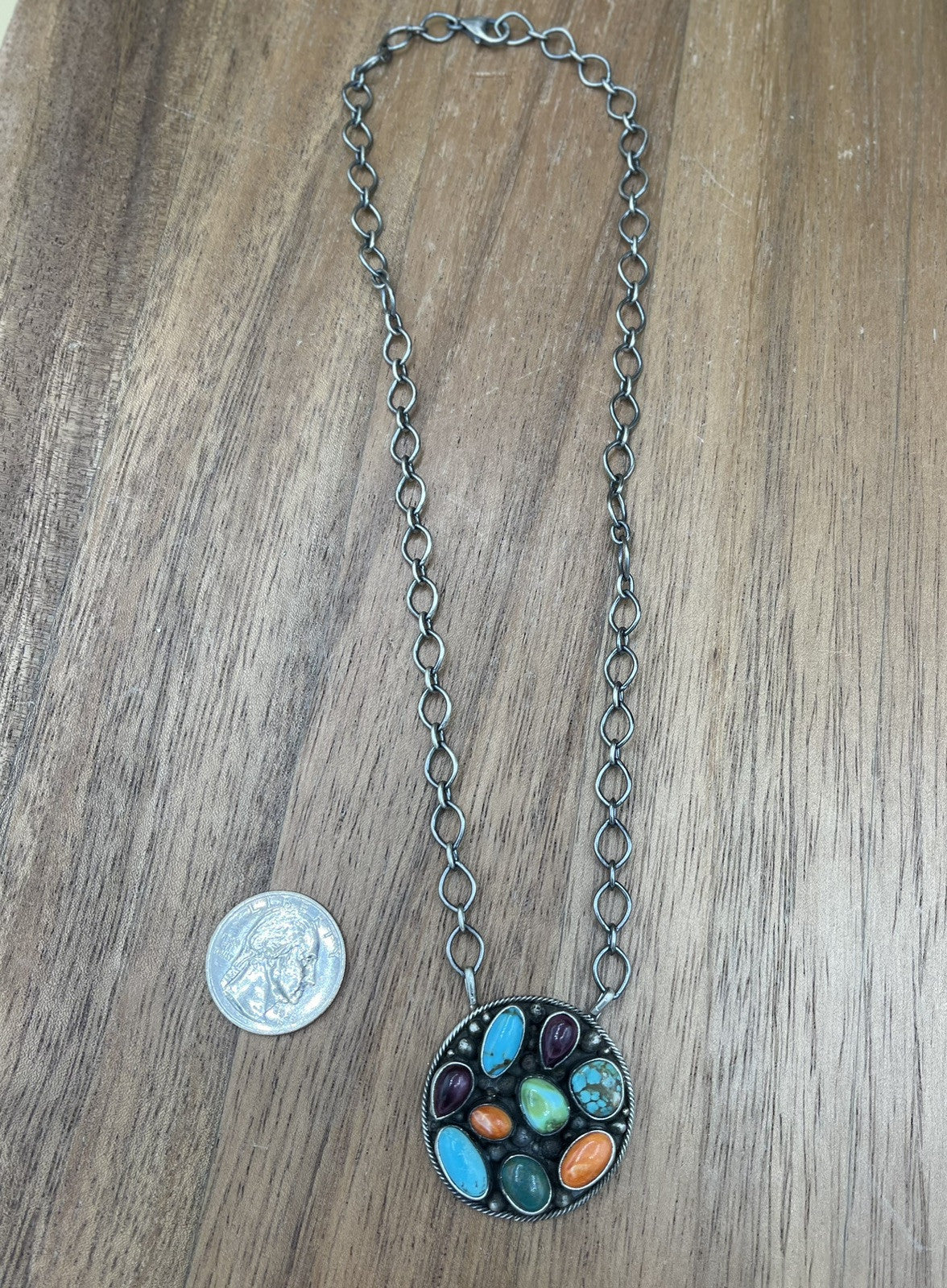 Navajo Handmade Sterling Silver Multi Stone Turquoise Spiny Cluster Necklace 18”
