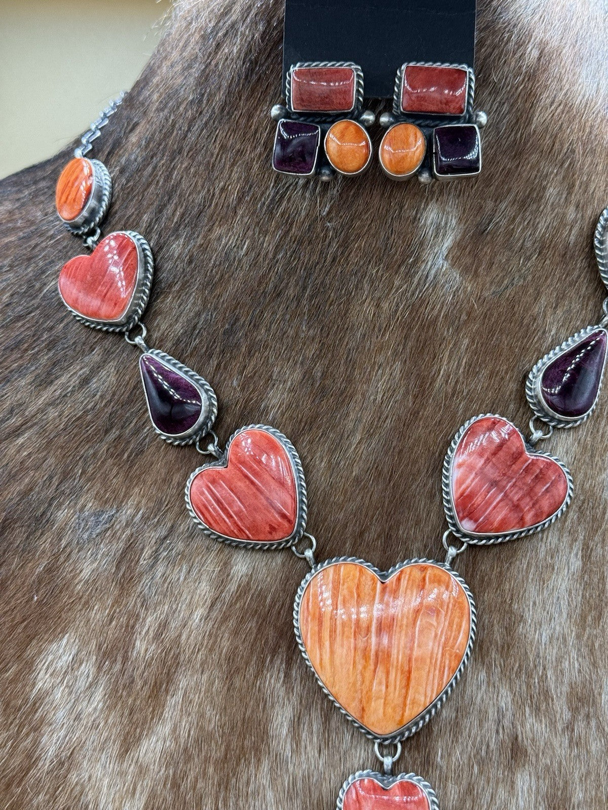 Navajo Handmade Sterling Silver Multi Spiny Oyster Shell Cluster Lariat Necklace