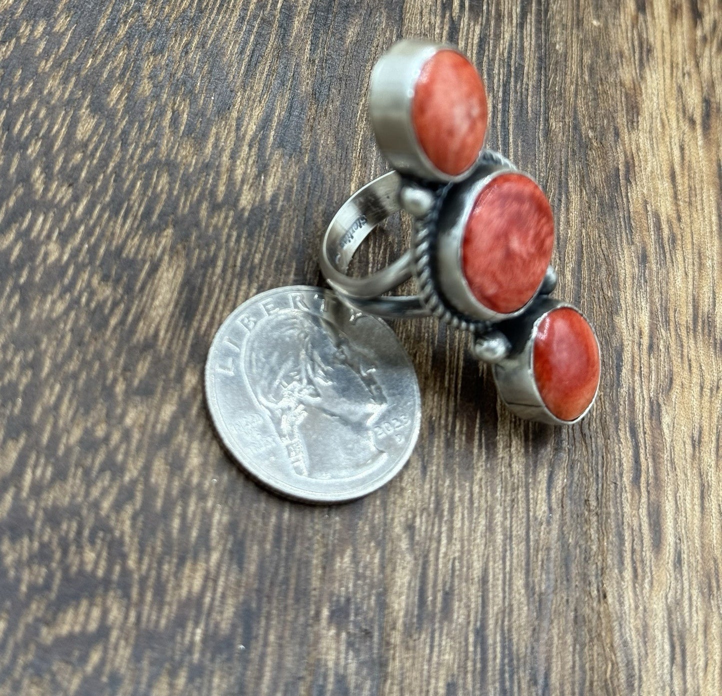 Navajo Handmade Sterling Silver Red Spiny Oyster Shell Cluster Ring Size 7
