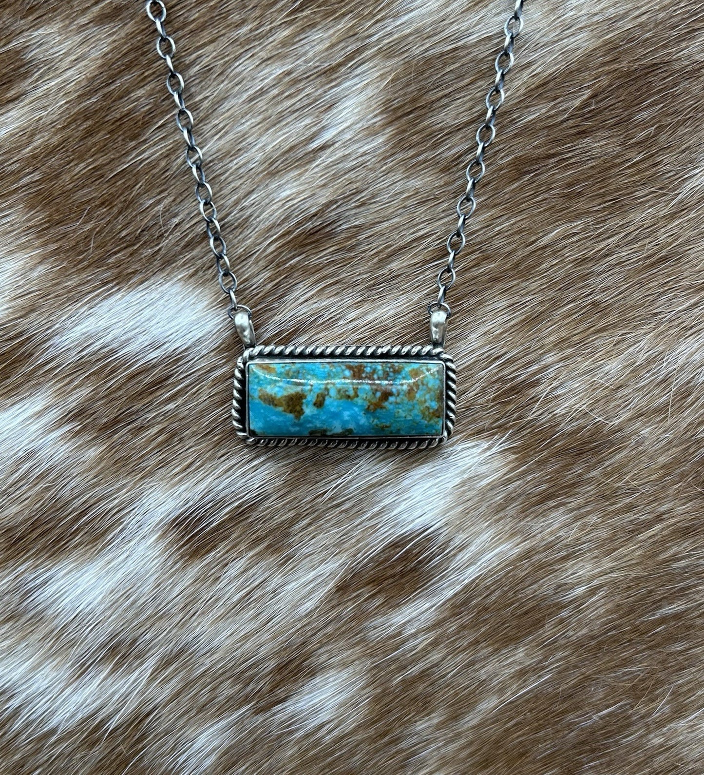 Navajo Handmade Sterling Silver Kingman Turquoise Bar Necklace 16”