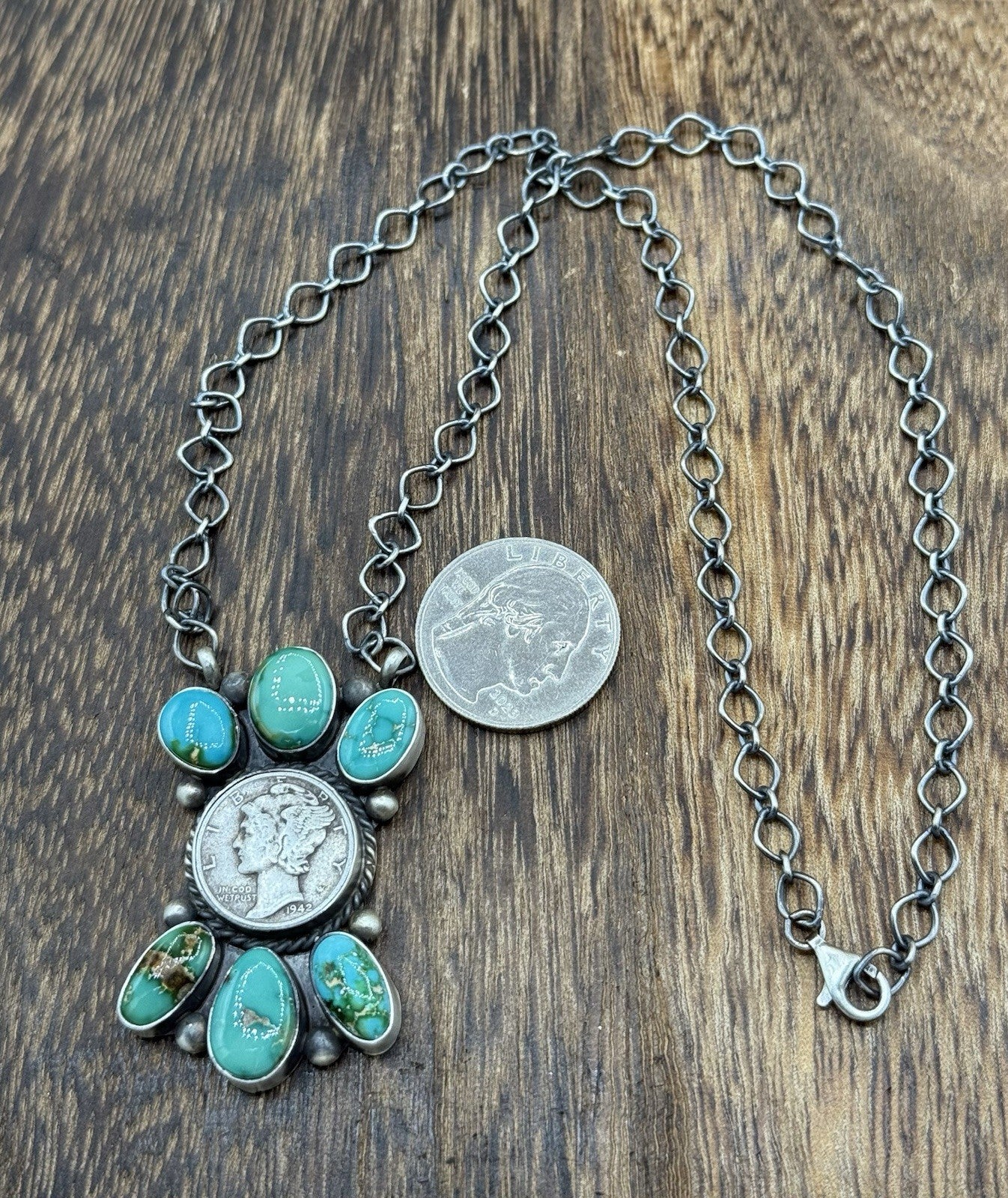 Navajo Handmade Silver Sonoran Gold Turquoise Liberty Coin Cluster Necklace 18”