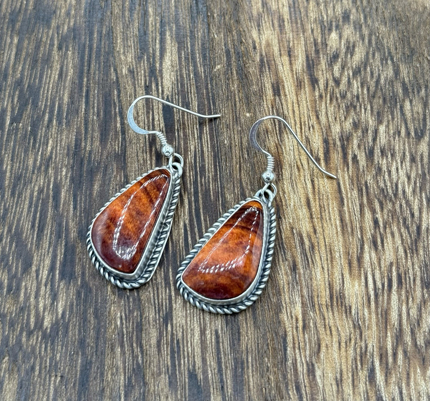 Native Navajo Handmade Sterling Silver Orange Spiny Oyster Shell Dangle Earrings