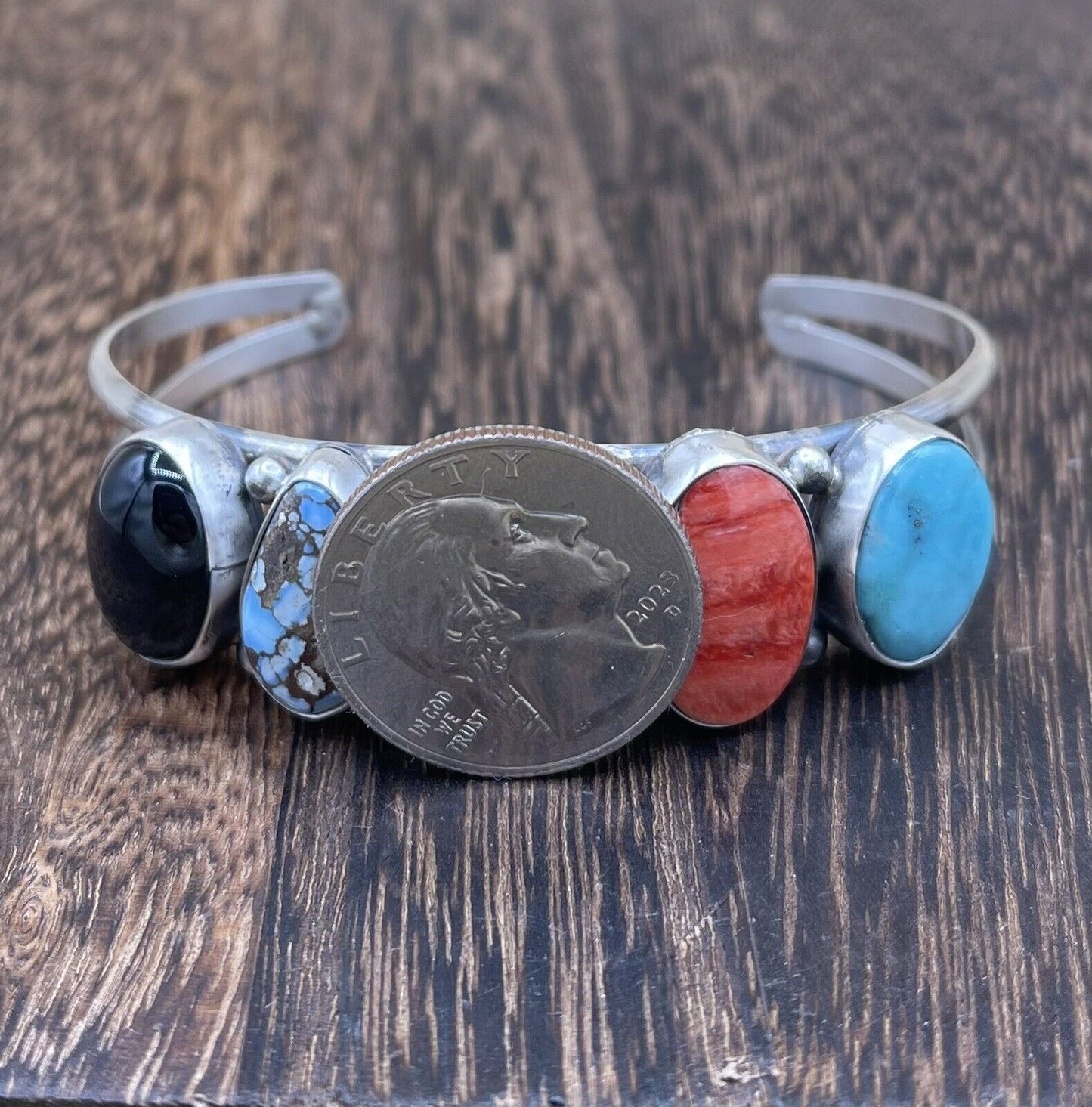 Native American Navajo Handmade Sterling Silver Multi Stone color Cuff Bracelet