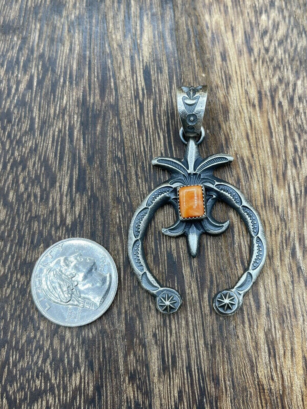 Native American Indian Navajo Handmade Silver Old Look Spiny Oyster Naja Pendant