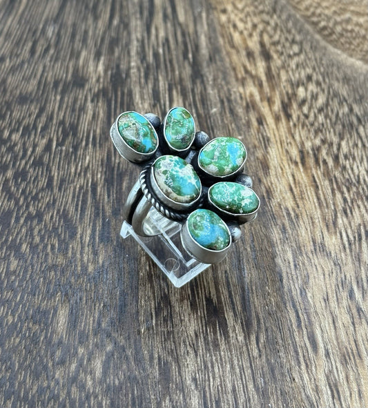 Navajo Handmade Sterling Silver Sonoran Gold Turquoise Half Cluster Ring Size 8