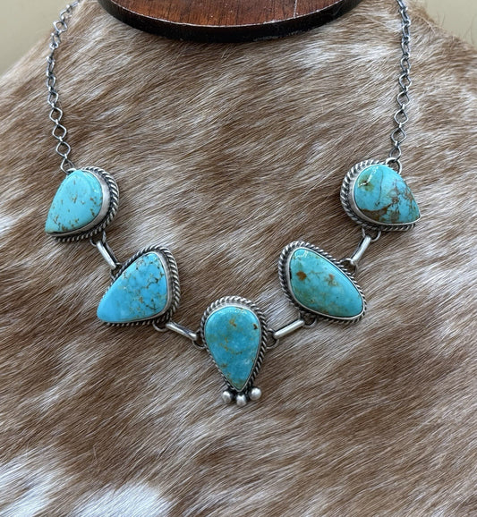 Native Navajo Handmade Sterling Silver Kingman Turquoise Choker Necklace 15”