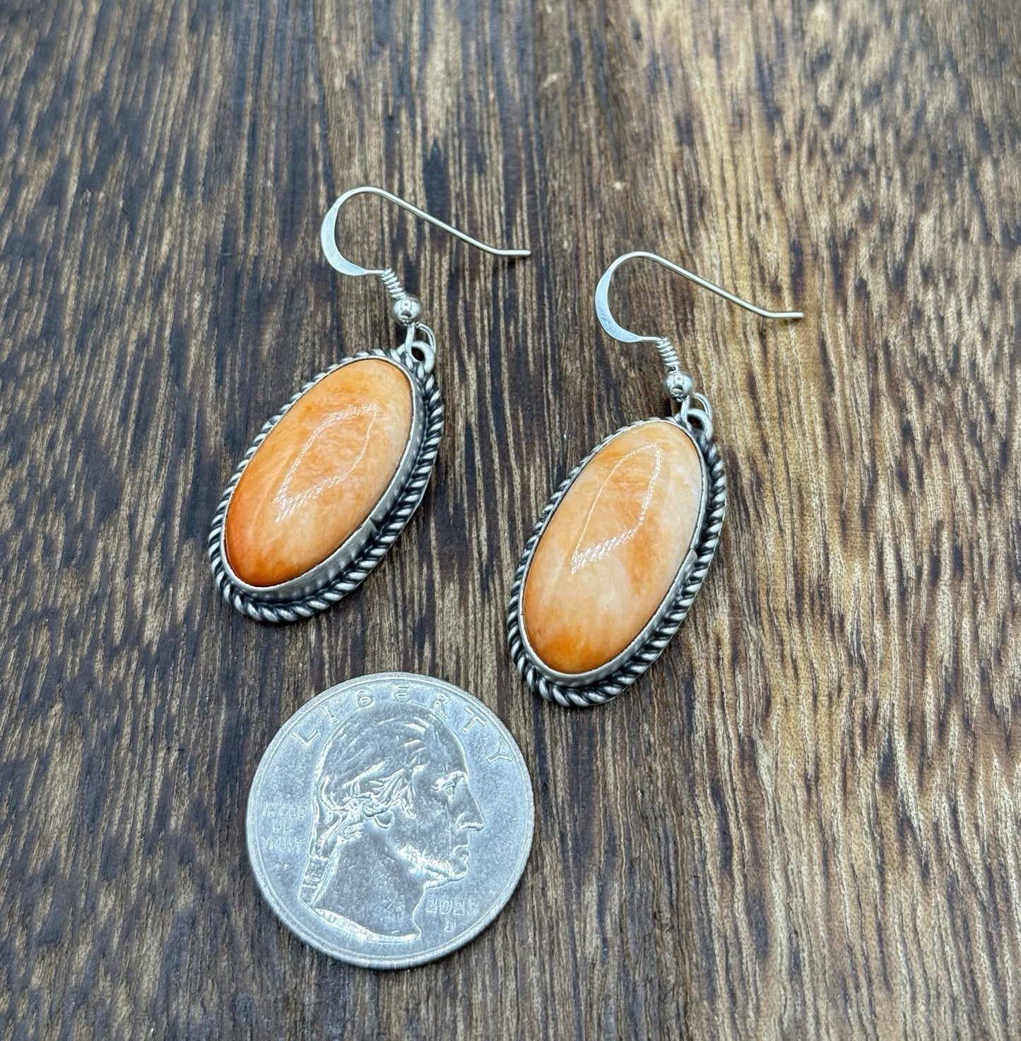 Native Navajo Handmade Sterling Silver Orange Spiny Oyster Shell Dangle Earrings