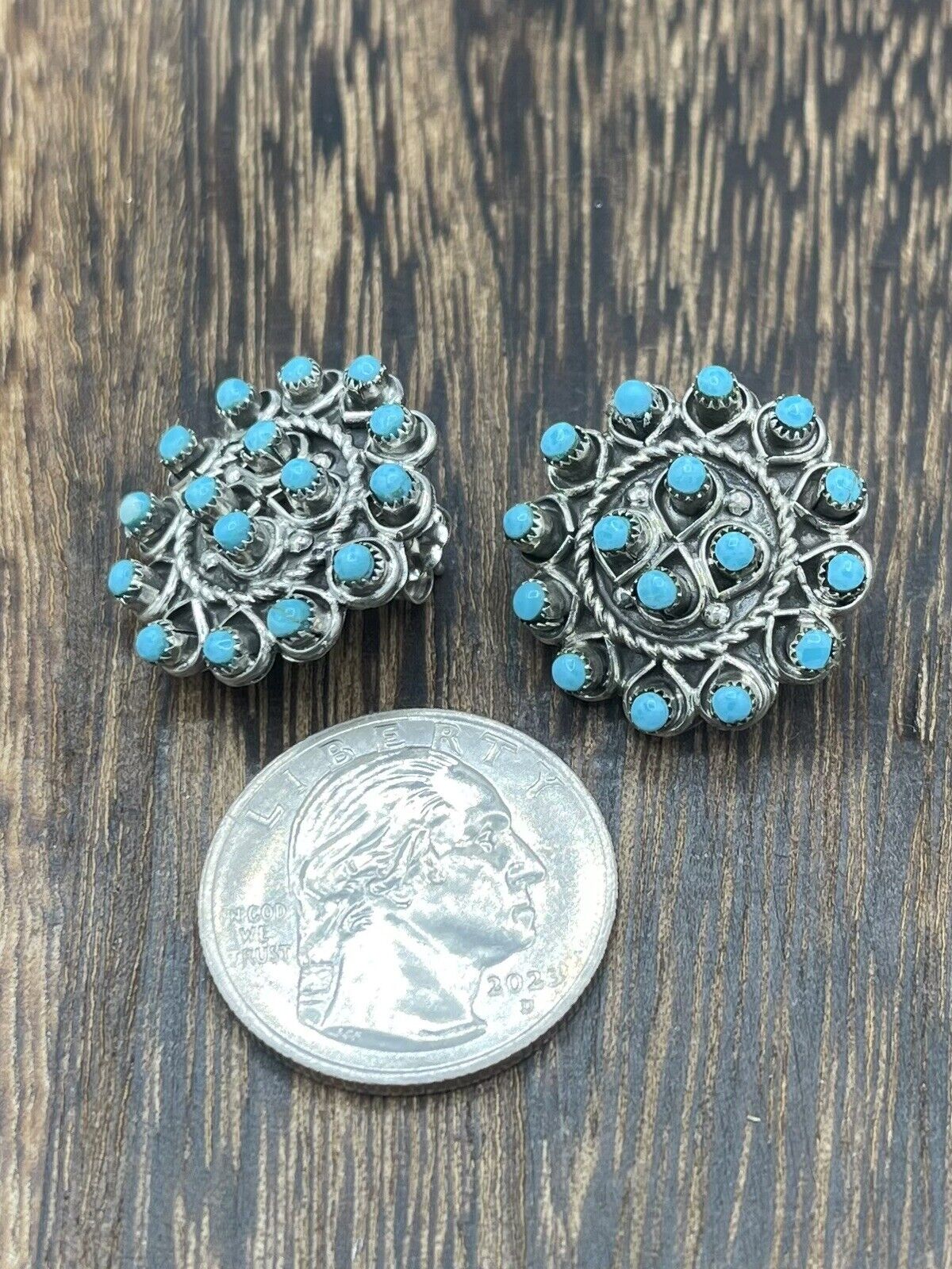 Native American Sterling Silver Zuni Handmade Natural Turquoise Post Earring