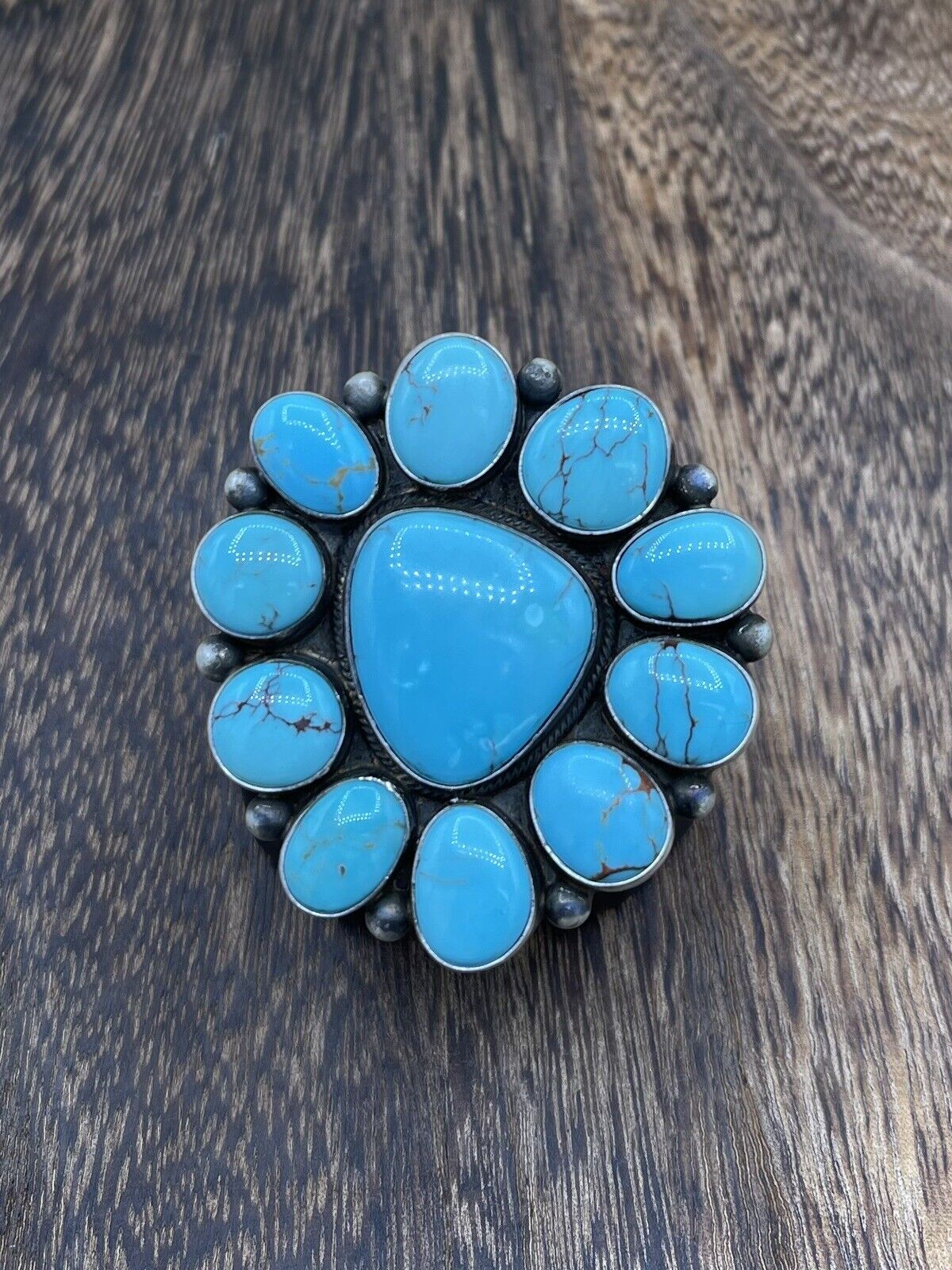 Native American Navajo Handmade Sterling Silver Turquoise Cluster Ring Size 7.5