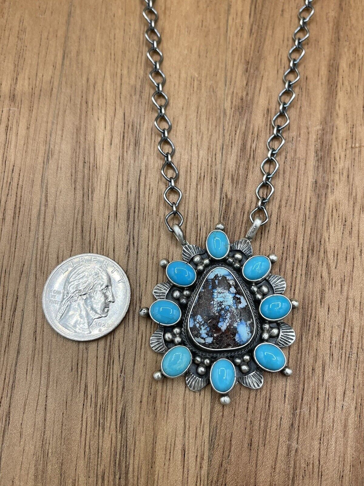 Native American Navajo Handmade Silver Turquoise Cluster Necklace 18 Inch