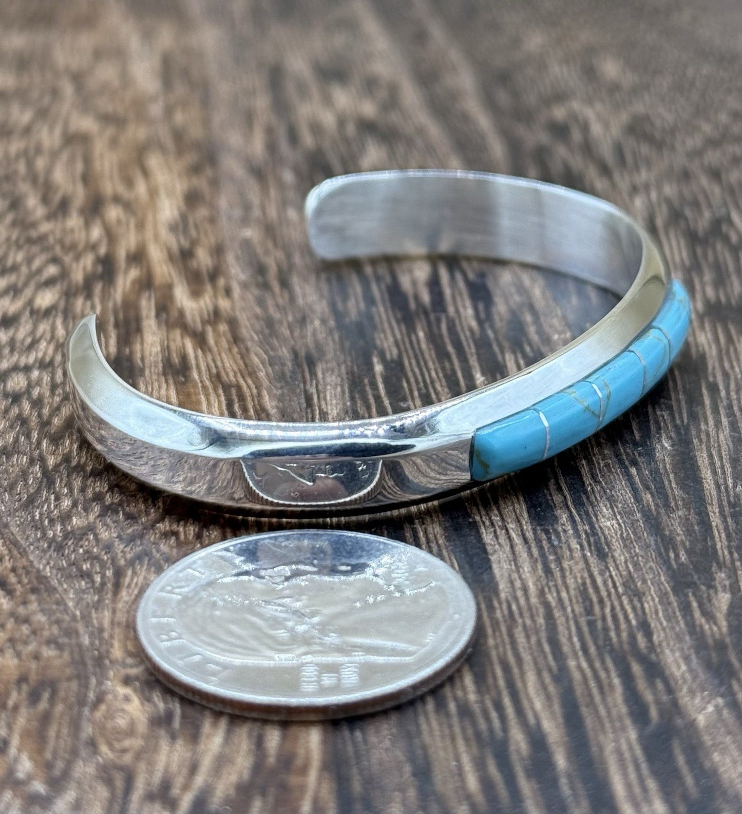 Navajo Handmade Sterling Silver Kingman Turquoise Inlay Bracelet Martha Living.