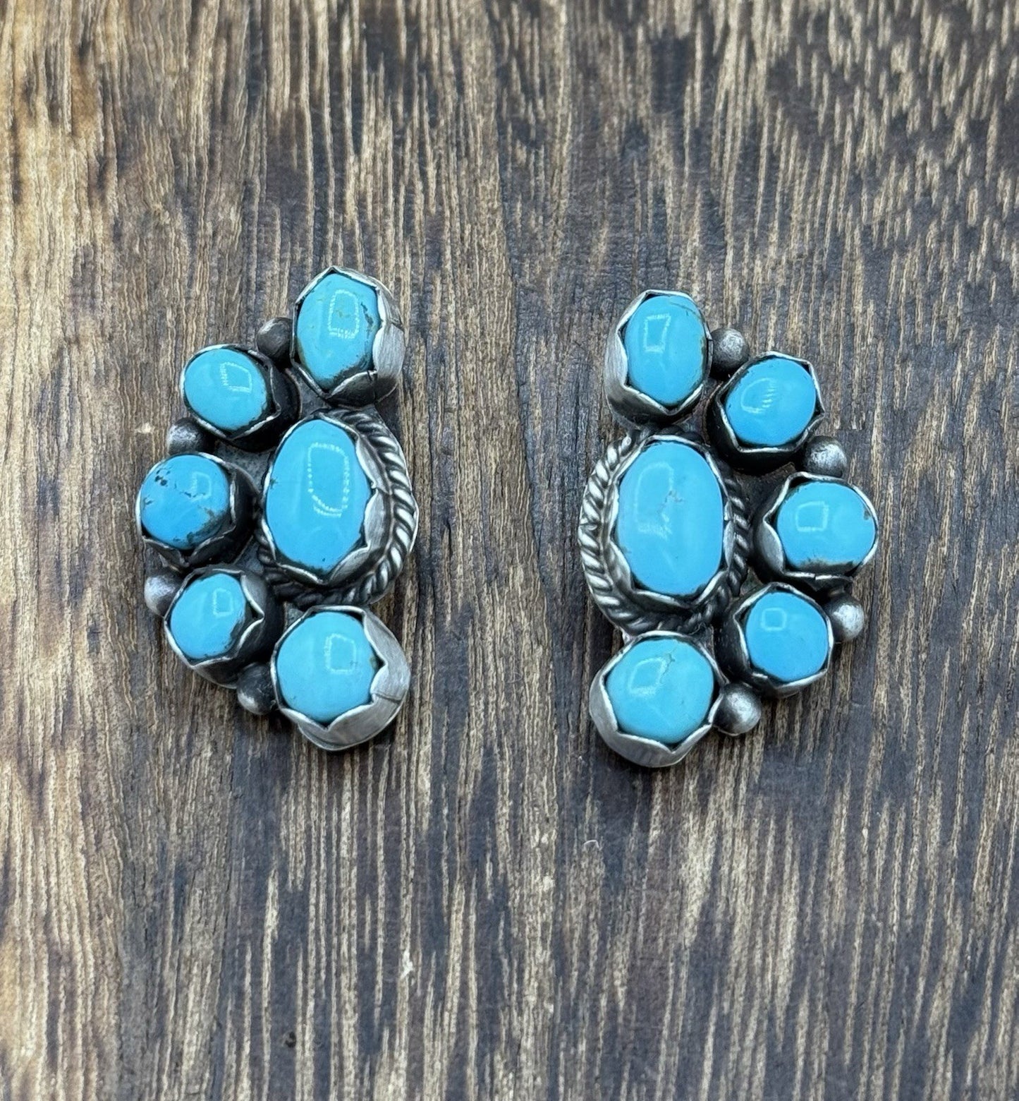 Navajo Handmade Sterling Silver Kingman Turquoise Half Cluster Post Earrings